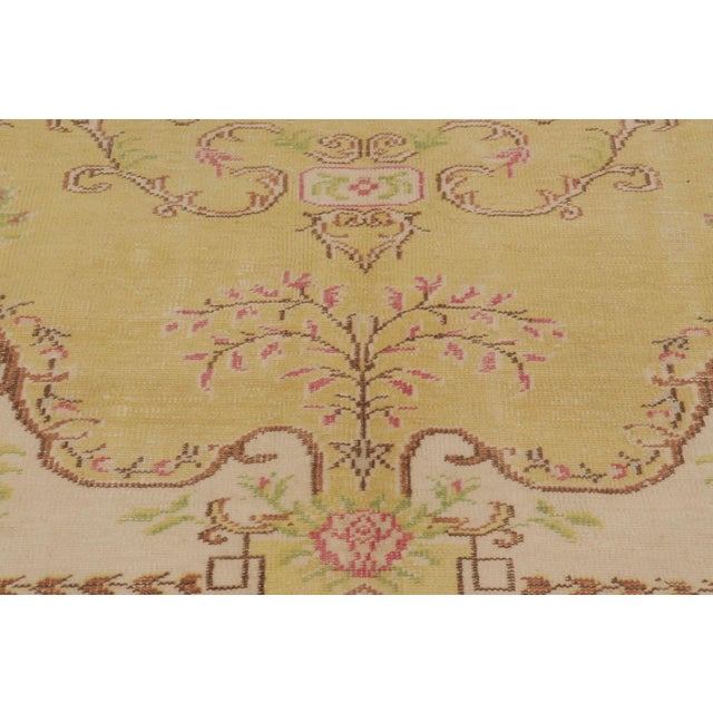 1950s Vintage Distressed Rug in Gold and Rose With Floral Cartouches - Rug & Kilim For Sale - Image 5 of 9