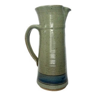 Vintage Signed Studio Pottery Pitcher in Speckled Sage Green With Cobalt Blue Band For Sale