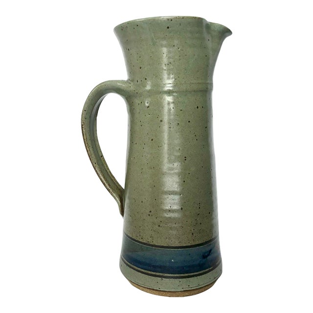 Vintage Signed Studio Pottery Pitcher in Speckled Sage Green With Cobalt Blue Band For Sale