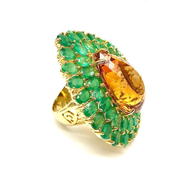 Bochic “Orient” Vintage Emerald & Honey Citrine Ring Set In 18K Gold & Silver For Sale - Image 13 of 18
