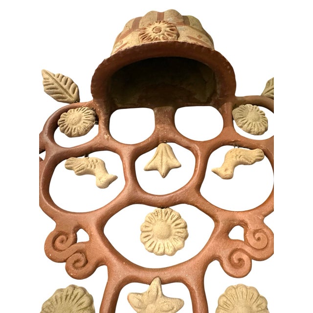 Mexican Vintage Mexican Clay Tree of Life Folk Art Terracotta Pottery Wall Pocket / Planter / Scullture With Leaves, Birds, & Flowers For Sale - Image 3 of 7