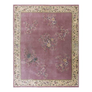 1980s Pink Cerise Floral Vintage Chinese Art Deco Rug 7' 9'' X 9' 8'' Wool Knotted Carpet For Sale