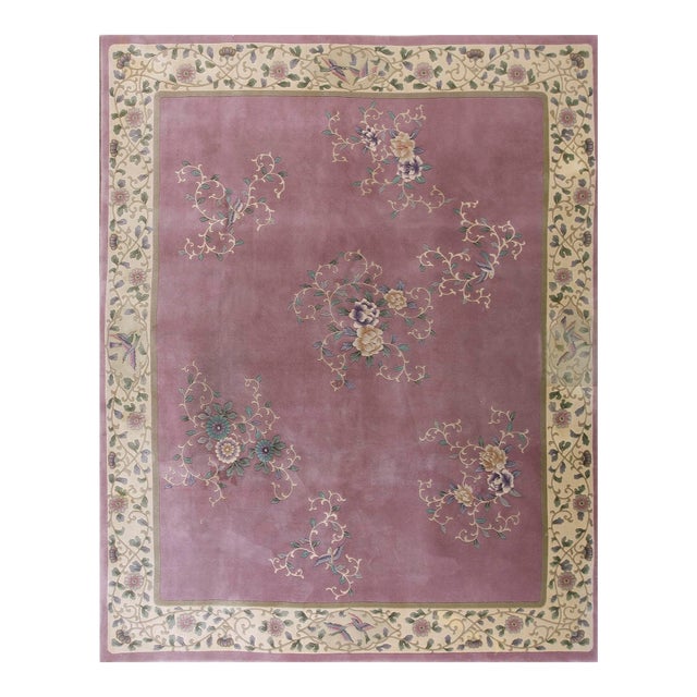 1980s Pink Cerise Floral Vintage Chinese Art Deco Rug 7' 9'' X 9' 8'' Wool Knotted Carpet For Sale
