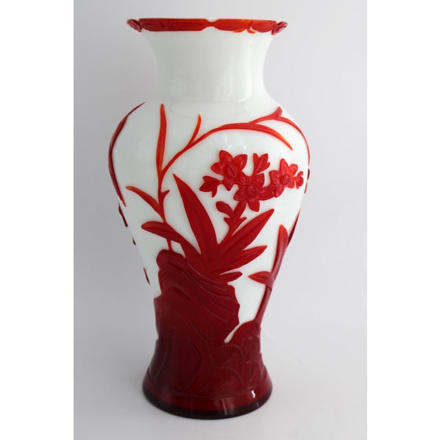 Glass Antique Chinese Red and White Peking Glass Vase, Hand Carved, C1900, 10.75” For Sale - Image 7 of 12