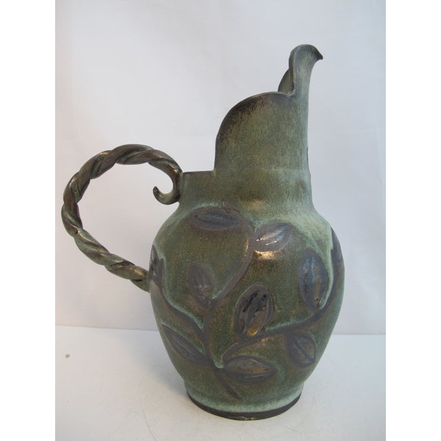 Blue Jane Woodside Studio Art Pottery Climbing Leaves Twisted Handle Jug Pitcher For Sale - Image 8 of 14