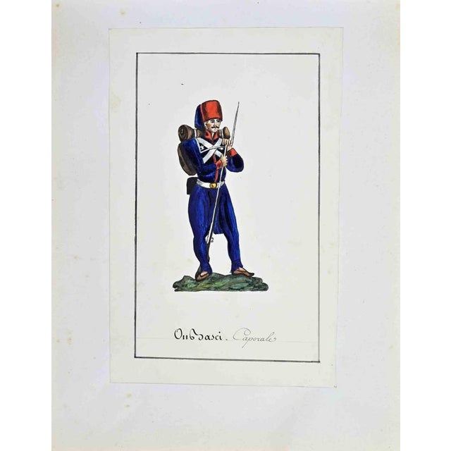 China ink and watercolor on paper applied on cardboard, realized by Barla in 1840. It depicts an oriental military...