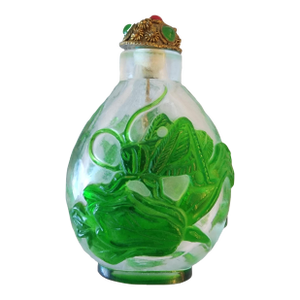 Vintage Chinese Snuff Bottle With Green Overlay