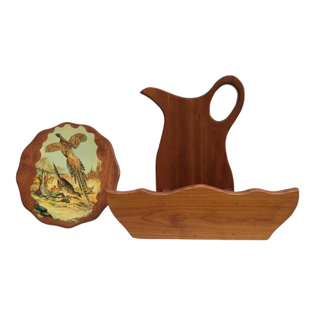 1980s Decoupage Pheasants on Wood Wall Hanging and Wooden Pitcher and Basin Planter - 2 Piece Set For Sale