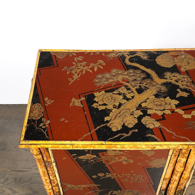 Art Deco Bamboo & Cubist Red & Black Geometric Detailed Gilt Chinoiserie Cabinet For Sale - Image 17 of 18