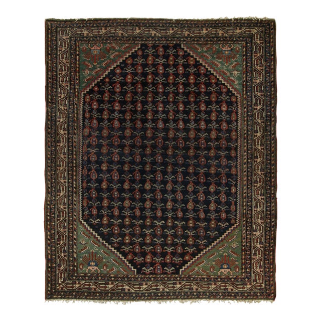 Vintage Persian Malayer Rug in Midnight Blue and Salmon With Floral Pattern For Sale