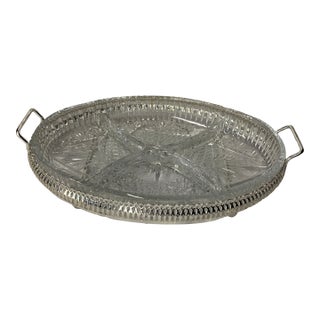Vintage 4-Section Cut Glass Relish Dish With Silver-Plated Carrier Frame For Sale