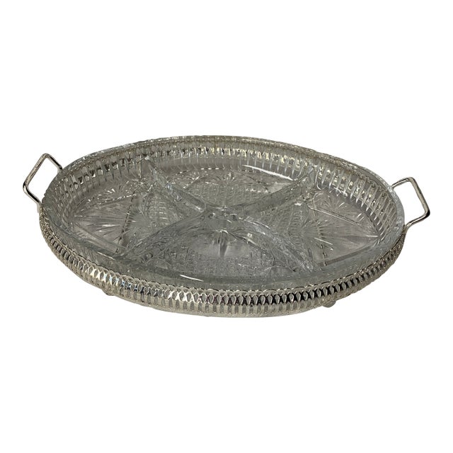 Vintage 4-Section Cut Glass Relish Dish With Silver-Plated Carrier Frame For Sale