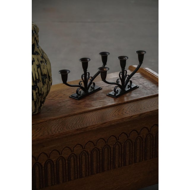 1930s Early 20th Century Art Deco Danish Metal Three-Arm Candelabra, 1930s, Set of 2 For Sale - Image 5 of 18