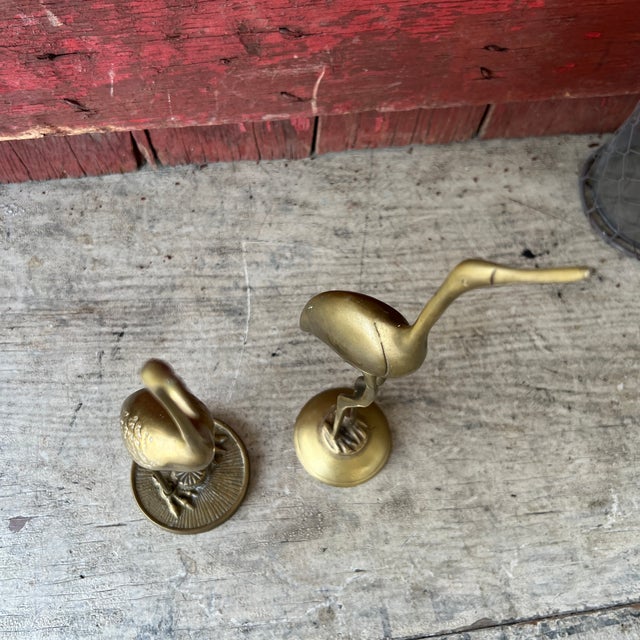 Mid-Century Modern Vintage Brass Crane Bird Statues Elegant Mid Century Decorative Sculpture Pair For Sale - Image 3 of 14