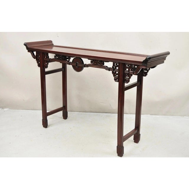 Vintage Chinese Oriental Fretwork Carved Hardwood Altar Console Hall Table For Sale - Image 12 of 12