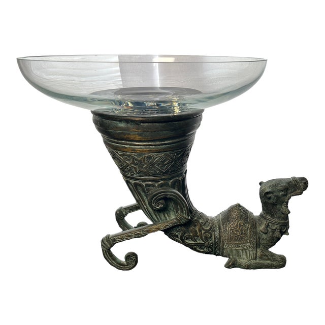Vintage Castilian Imports Bronze Camel Cornucopia Pedestal With Crystal Bowl For Sale