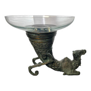 Vintage Castilian Imports Bronze Camel Cornucopia Pedestal With Crystal Bowl