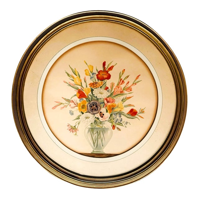 Vintage Mid Century Round Floral Still Life Art Print & Gilded Wood Frame For Sale