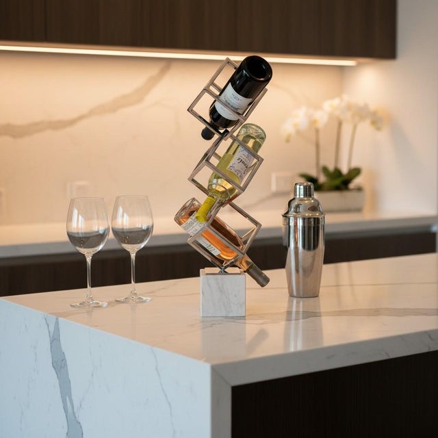 Contemporary Modern Chrome Wine Rack-Marble Base-Sculptural-Geometric-3 Bottle Holder-Bar For Sale - Image 3 of 11