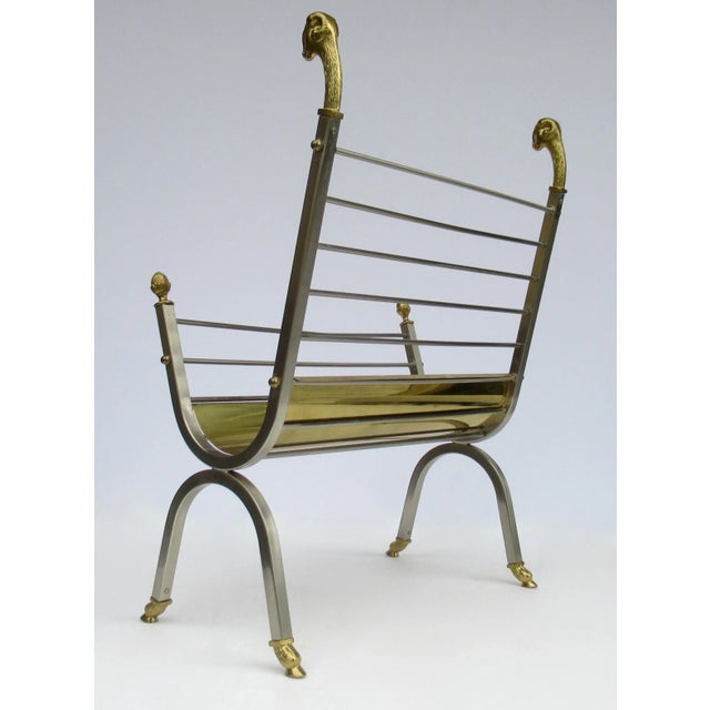 Metal Vintage C.1970's Italian Maison Jansen Polished Brass and Satin Nickel Ram Head & Hoofed Magazine Rack/Holder For Sale - Image 7 of 13