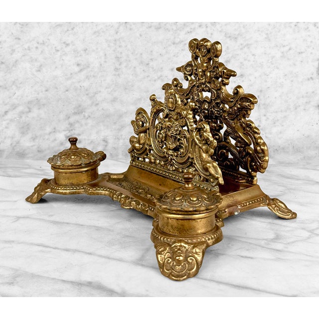 Vintage Italian Rococo Brass Cherub Double Inkwell Letter Holder Desk Set For Sale - Image 4 of 10