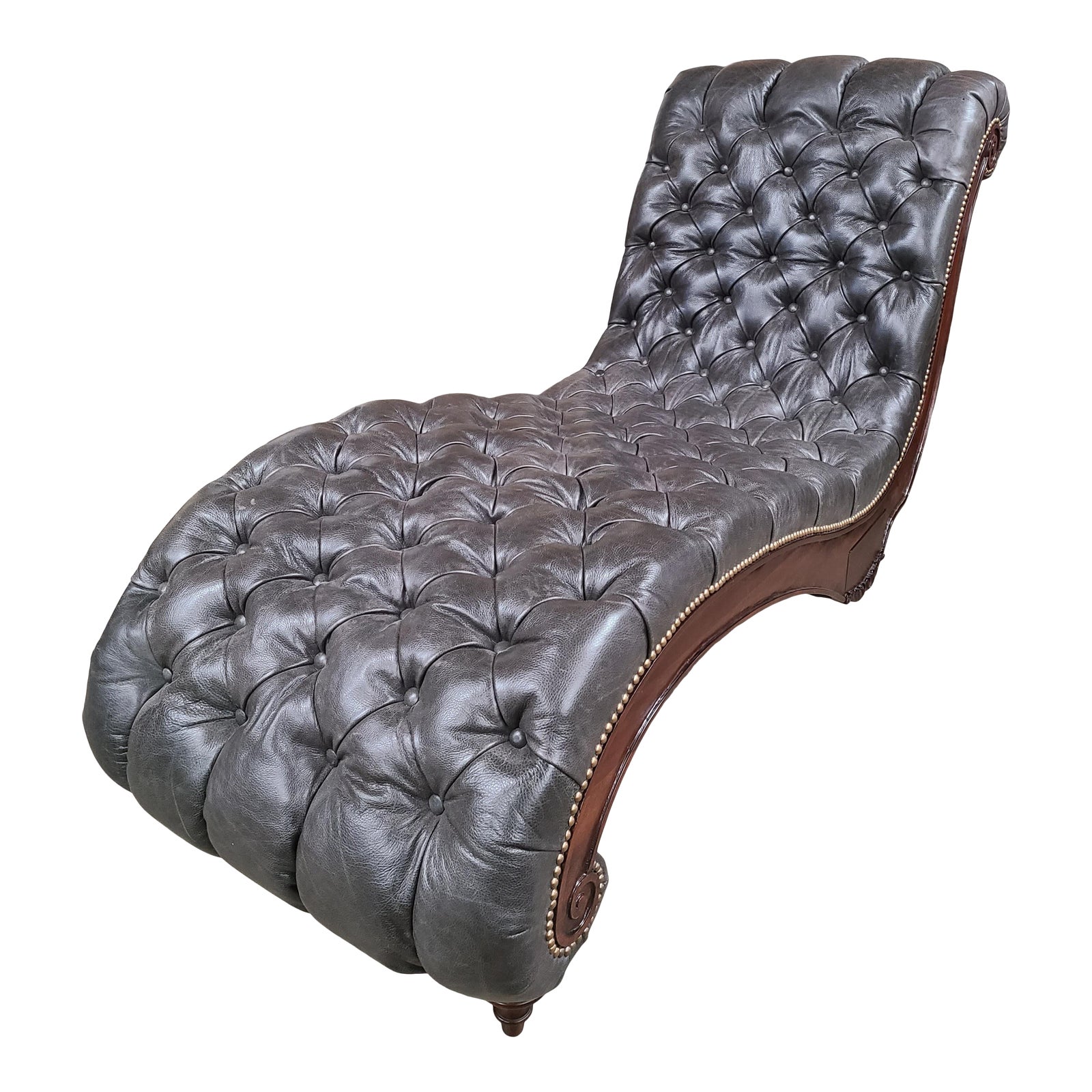 Henredon Chesterfield Mahogany Tufted Charcoal Grey Leather Chaise