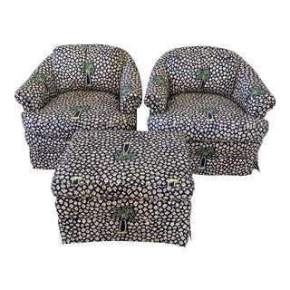 Coastal Regency Palm Tree Cheetah Upholstered Swivel Chairs and Ottoman-Set For Sale