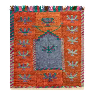 Vintage Tulu Rug in Orange, Blue, Mihrab-Style Geometric Pattern For Sale