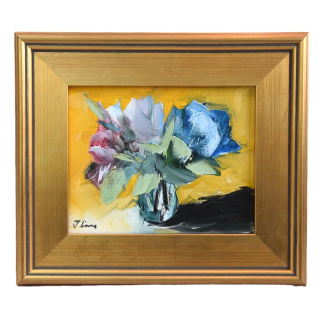 2020s Colorful Bouquet of Flowers Oil Painting Including the Antiqued Gold Wood Frame For Sale - Image 5 of 5