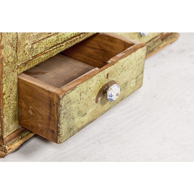 Rustic Distressed Green Painted Indian Cabinet with Paneled Doors and Two Drawers For Sale - Image 3 of 12