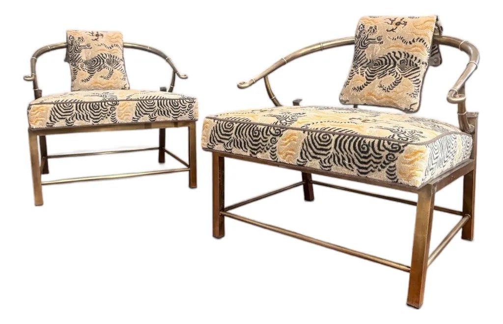 Vintage Pair of Empress Brass Lounge Chairs Attributed to Mastercraft in Clarence House Tibet Fabric