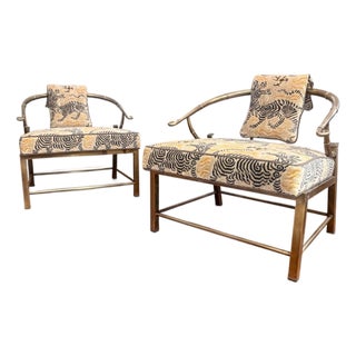 Vintage Pair of Empress Brass Lounge Chairs Attributed to Mastercraft in Clarence House Tibet Fabric For Sale