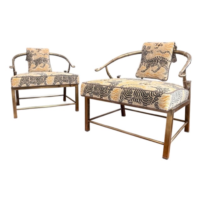 Vintage Pair of Empress Brass Lounge Chairs Attributed to Mastercraft in Clarence House Tibet Fabric For Sale