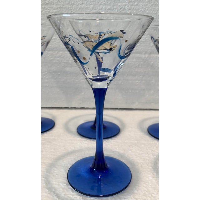 Glass Mid Century French Blue Hand Painted Equestrian Horse Martini Glasses - Set of 6 For Sale - Image 7 of 10