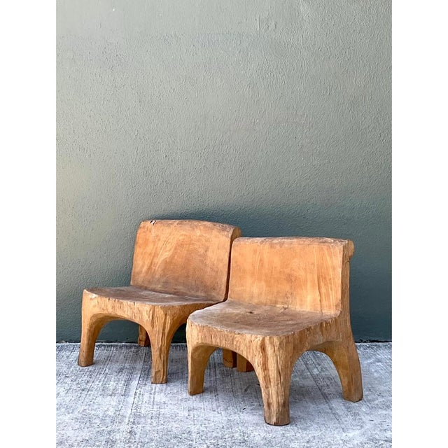 Vintage Carved Wood Low Stools - Pair For Sale In West Palm - Image 6 of 12