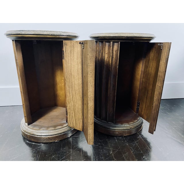 Vintage Neoclassical Style Marble Top Wooden Pedestal Side Tables—A Pair For Sale - Image 9 of 14