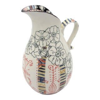 3 Qt Anthropologie Mehndi Henna Tribal Sketch Floral Illustration Pitcher For Sale