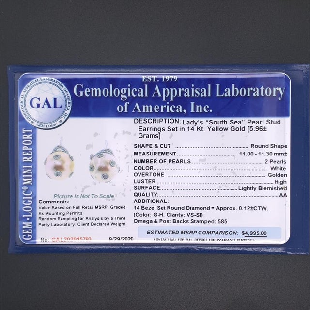 Diamond South Sea Pearl Earring 14 Karat Certified For Sale - Image 13 of 13