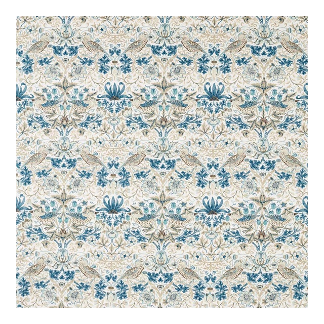 Morris & Co. Strawberry Thief WW Fabric in Mineral Blue/Linen For Sale