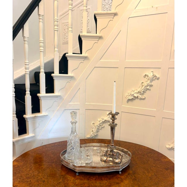 Antique Edwardian Silver-Plated Engraved Tea Tray with Pierced Gallery, 1900 For Sale - Image 9 of 15