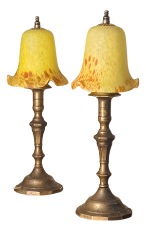 Art Deco Brass Bedside Lamps with Yellow Glass Paste Shades, 1930s, Set of 2