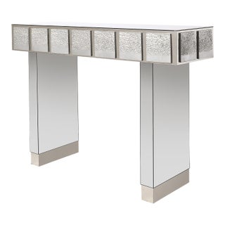 Modernist Mirrored & Polished Steel Console Table W/ Brutalist Tile Motif For Sale