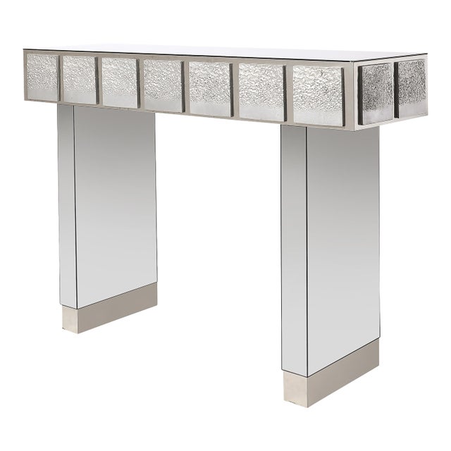 Modernist Mirrored & Polished Steel Console Table W/ Brutalist Tile Motif For Sale