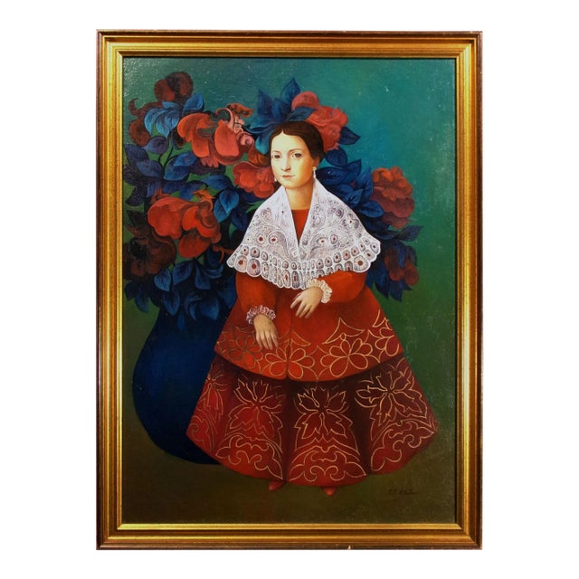 T.O. Platas "The Woman in Red" Vintage Original Framed Oil Painting on Canvas For Sale