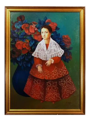 T.O. Platas "The Woman in Red" Vintage Original Framed Oil Painting on Canvas