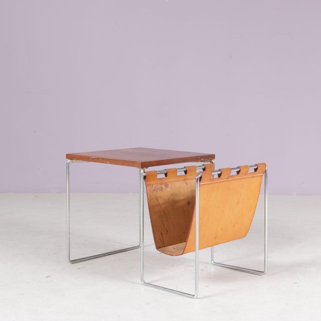 Side Table with Leather Magazine Rack from Brabantia, Netherlands, 1960s For Sale - Image 3 of 9