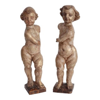 Antique Italian Carved Wood Gilt Putti Angels Sculptures, S/2 For Sale
