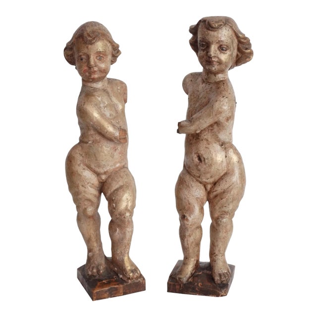 Antique Italian Carved Wood Gilt Putti Angels Sculptures, S/2 For Sale