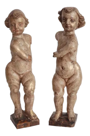 Antique Italian Carved Wood Gilt Putti Angels Sculptures, S/2