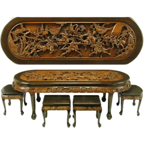 Chinese Oval Coffee Table With Hand Carved Battle Scene and Six Stools